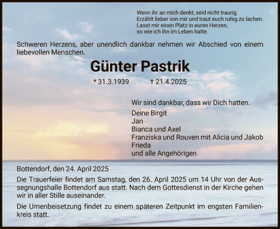Todesanzeige von Günter Pastrik von HNA