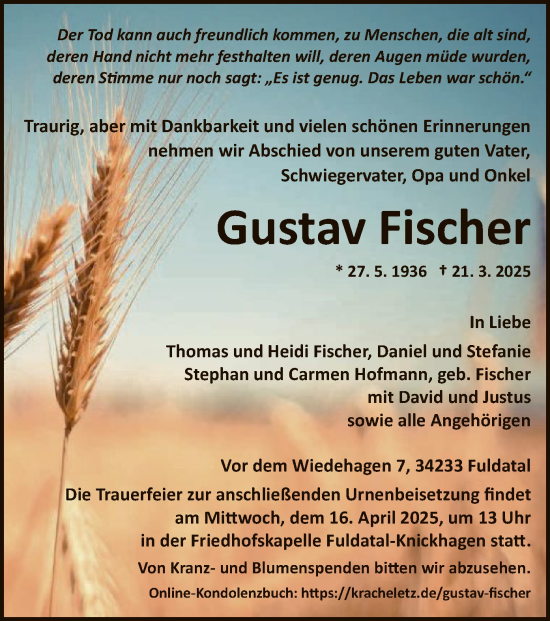 Todesanzeige von Gustav Fischer von HNA