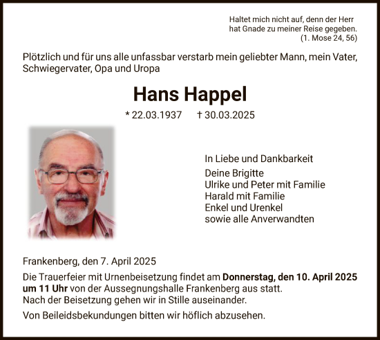 Todesanzeige von Hans Happel von HNA