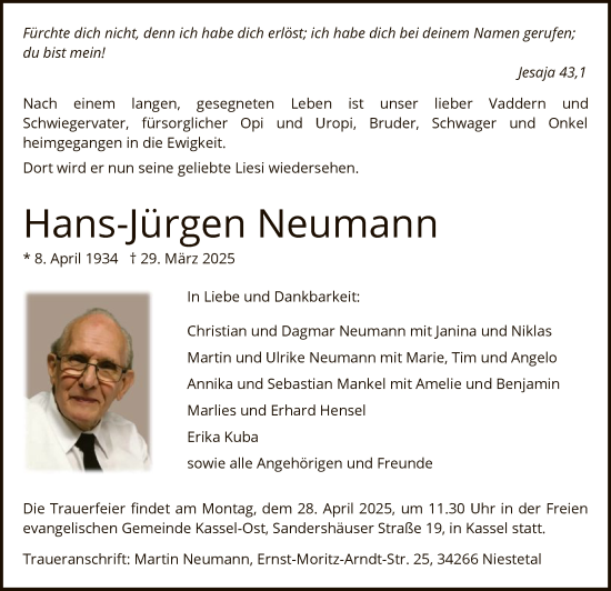 Todesanzeige von Hans-Jürgen Neumann von HNA