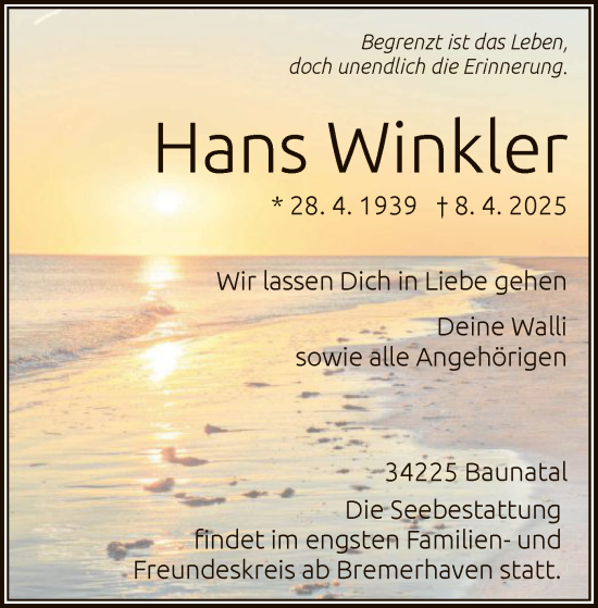 Todesanzeige von Hans Winkler von HNA