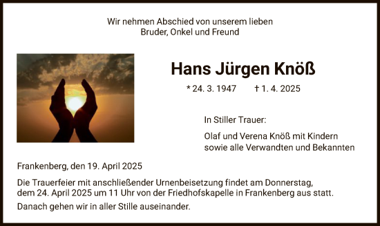 Todesanzeige von Hans Jürgen Knöß von HNA