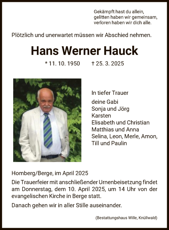 Todesanzeige von Hans Werner Hauck von HNAHNA