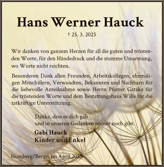 Todesanzeige von Hans Werner Hauck von HNAHNA