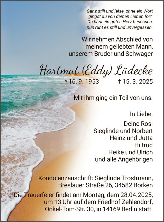Todesanzeige von Hartmut Lüdecke von HNA