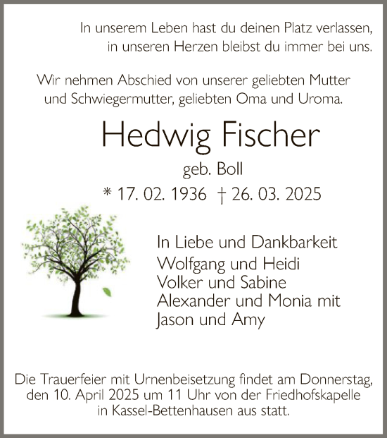 Todesanzeige von Hedwig Fischer von HNA