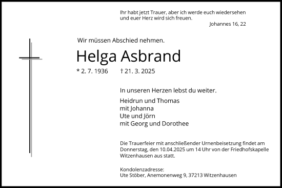Todesanzeige von Helga Asbrand von HNA