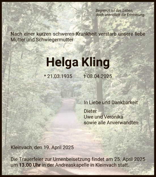 Todesanzeige von Helga Kling von HNA