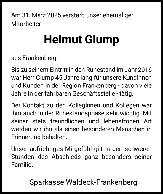 Todesanzeige von Helmut Glump von HNA