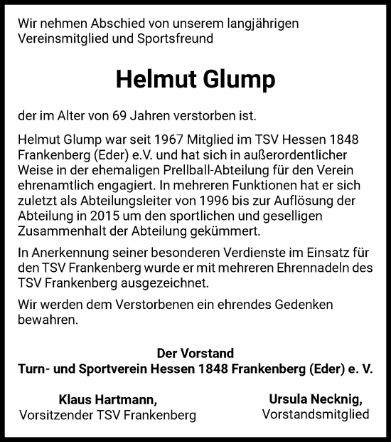Todesanzeige von Helmut Glump von HNA