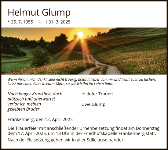 Todesanzeige von Helmut Glump von HNA