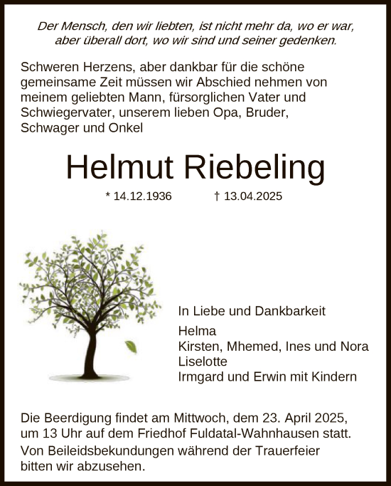 Todesanzeige von Helmut Riebeling von HNA