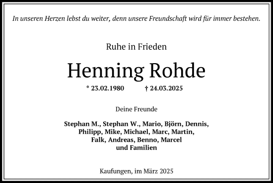 Todesanzeige von Henning Rohde von HNA