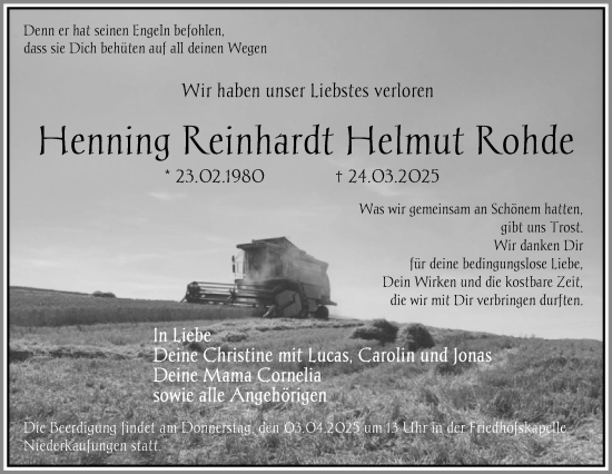 Todesanzeige von Henning Reinhardt Helmut Rohde von HNAHNA