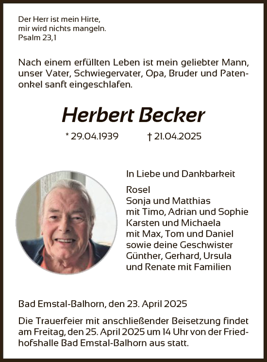 Todesanzeige von Herbert Becker von HNA