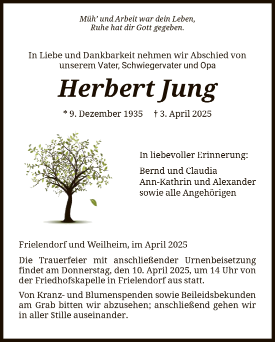 Todesanzeige von Herbert Jung von HNAHNA