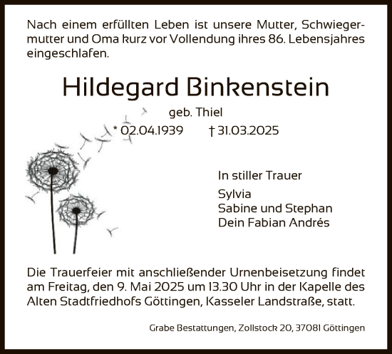 Todesanzeige von Hildegard Binkenstein von HNA