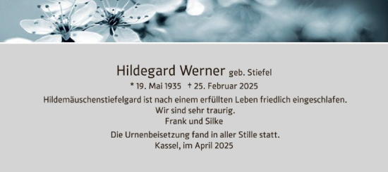 Todesanzeige von Hildegard Werner von HNA