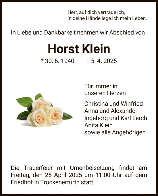 Todesanzeige von Horst Klein von HNA