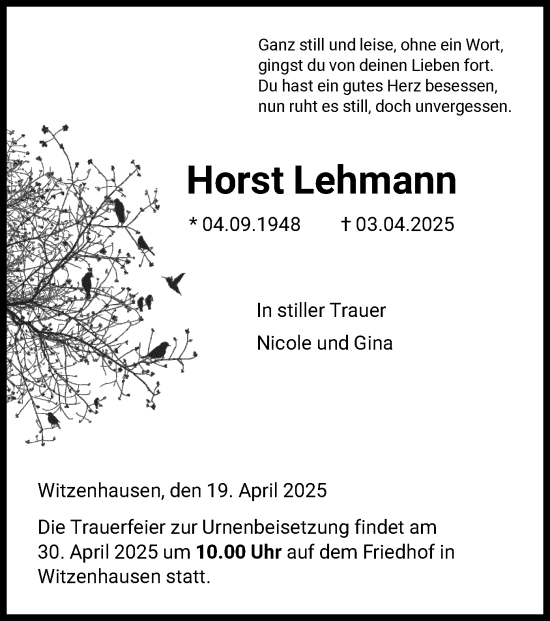 Todesanzeige von Horst Lehmann von HNA