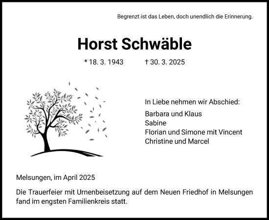 Todesanzeige von Horst Schwäble von HNA