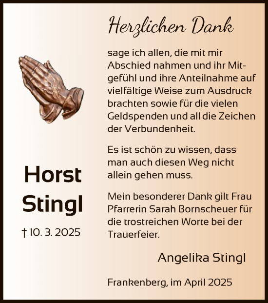 Todesanzeige von Horst Stingl von HNA