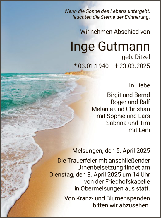 Todesanzeige von Inge Gutmann von HNA