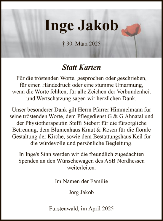 Todesanzeige von Inge Jakob von HNAHNA