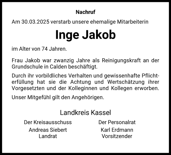 Todesanzeige von Inge Jakob von HNA