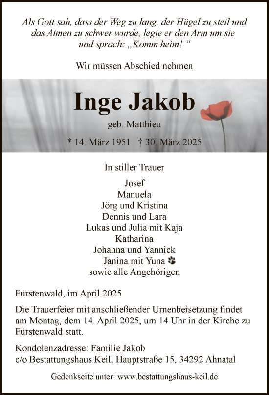 Todesanzeige von Inge Jakob von HNAHNA