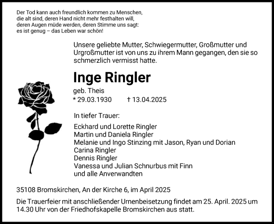 Todesanzeige von Inge Ringler von HNA