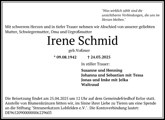 Todesanzeige von Irene Schmid von HNA
