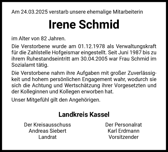 Todesanzeige von Irene Schmid von HNA