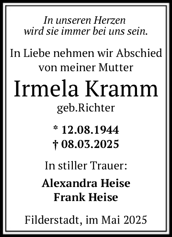 Todesanzeige von Irmela Kramm von HNA