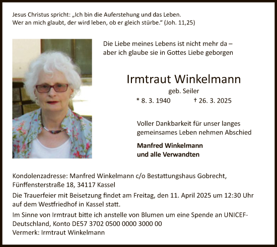 Todesanzeige von Irmtraut Winkelmann von HNA