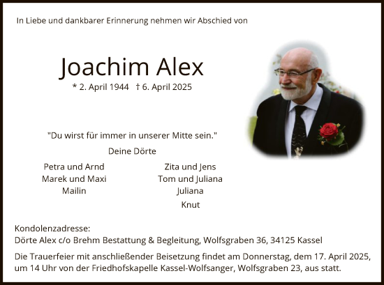 Todesanzeige von Joachim Alex von HNA