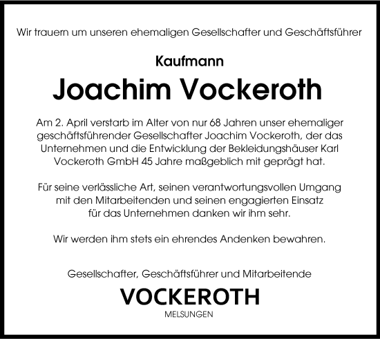 Todesanzeige von Joachim Vockeroth von HNA