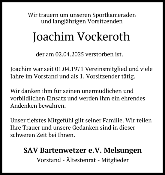 Todesanzeige von Joachim Vockeroth von HNA