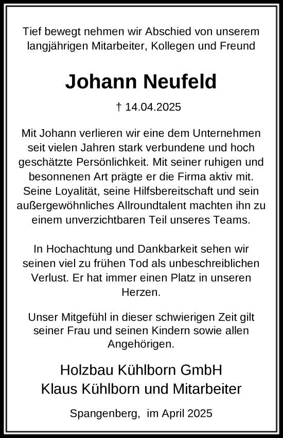 Todesanzeige von Johann Neufeld von HNAHNA
