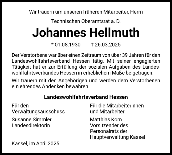Todesanzeige von Johannes Hellmuth von HNA