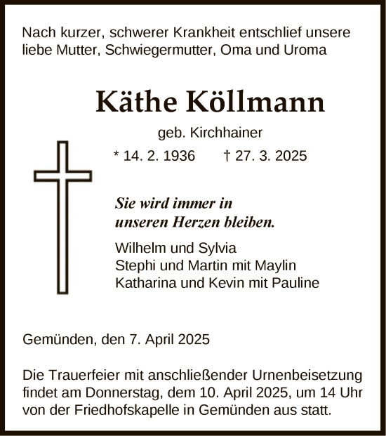Todesanzeige von Käthe Köllmann von HNA