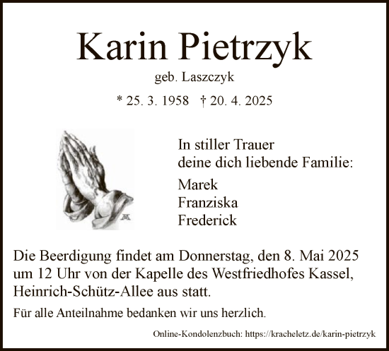 Todesanzeige von Karin Pietrzyk von HNA