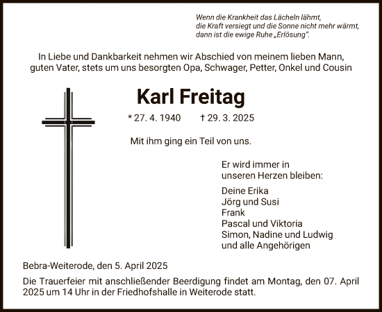 Todesanzeige von Karl Freitag von HNA