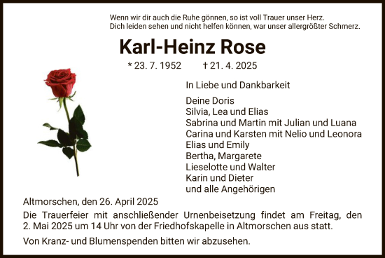 Todesanzeige von Karl-Heinz Rose von HNAHZ