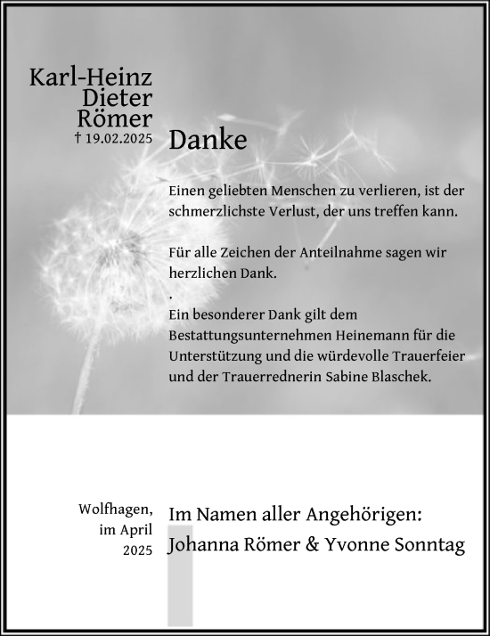 Todesanzeige von Karl-Heinz Dieter Römer von HNA