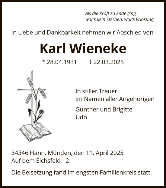 Todesanzeige von Karl Wieneke von HNA