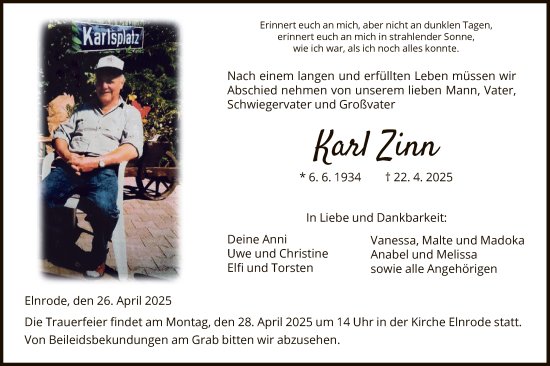 Todesanzeige von Karl Zinn von HNAHNA