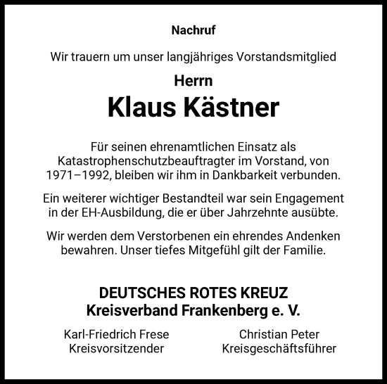 Todesanzeige von Klaus Kästner von HNA