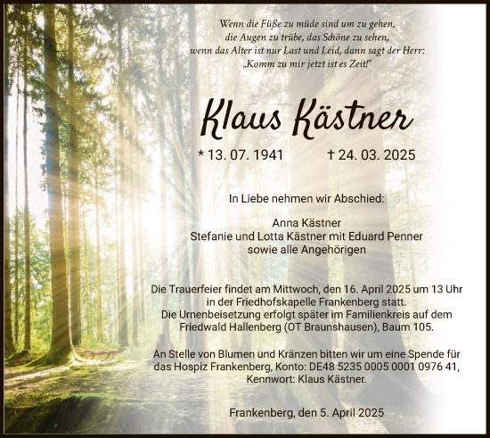 Todesanzeige von Klaus Kästner von HNA