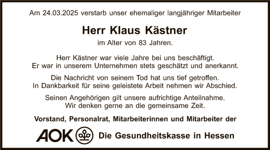 Todesanzeige von Klaus Kästner von HNA